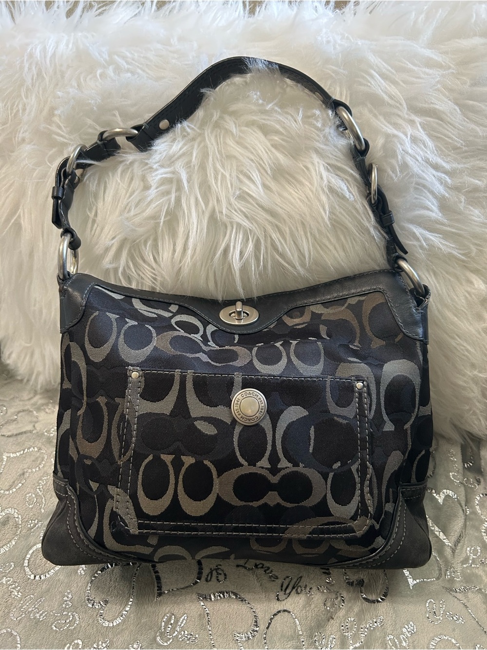 Vintage Coach Chelsea Signature hobo shoulder bag in black and gray canvas
